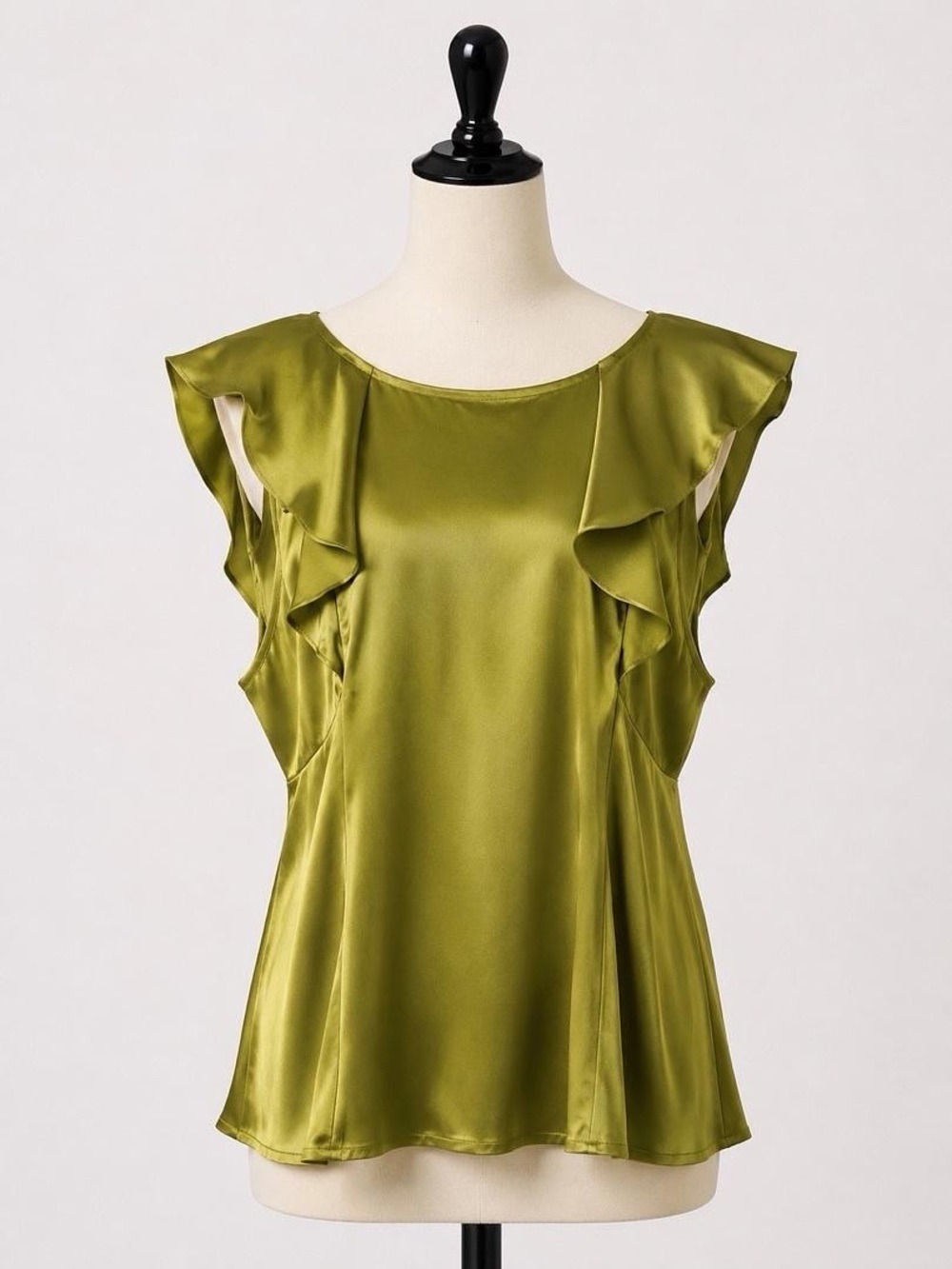 Kenar Olive Satin Ruffle Sleeve Top